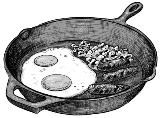 skillet with eggs and bacon drawing