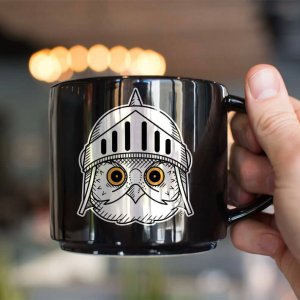 black coffee mug with logo
